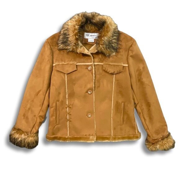 VTG RP Sport Regent Park Jacket Y2K Womens‎ L Cognac Faux Suede Fur Boho Western - Picture 1 of 12